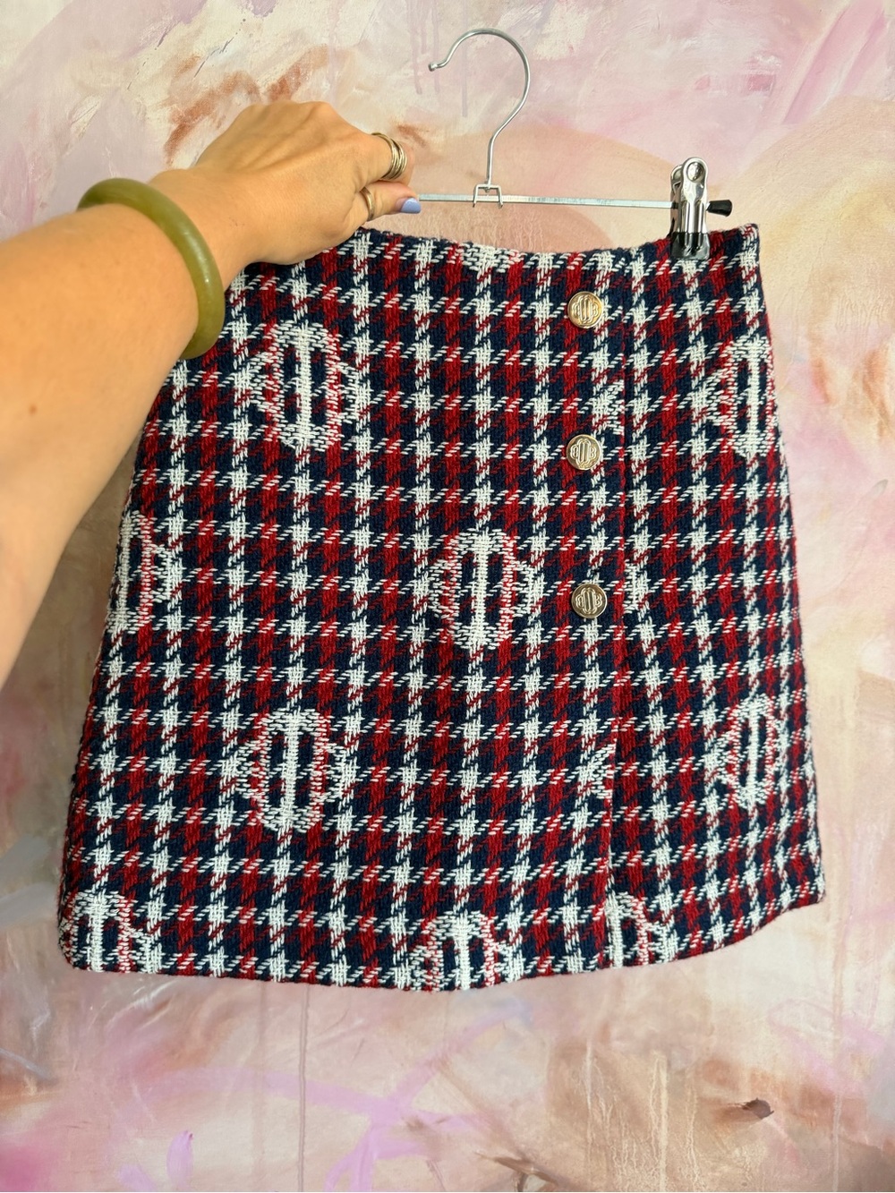 Maje Red Navy Plaid Tweed Button Mini Skirt